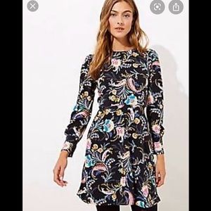 LOFT Black Floral Paisley Fit & Flare Long Sleeve Dress